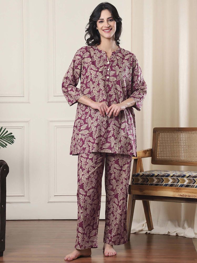 Indreams Women Wine Pure Cotton Leaf Printed Top with Pyjama-picture-23