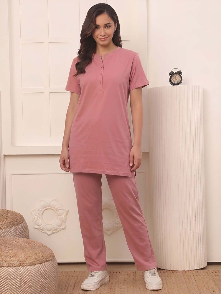 Indreams Women Pink Solid Cotton Top with Pyjama-picture-13
