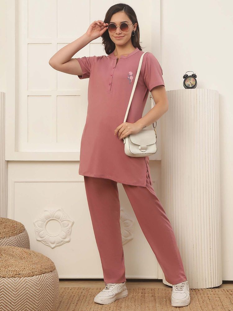 Indreams Women Pink Floral Cotton Top with Pyjama-picture-22