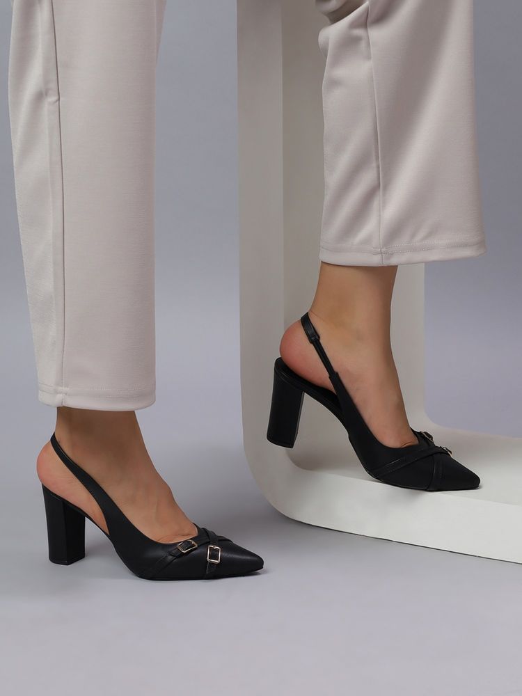T.ELEVEN Chic Slingback Block Heel Pointed Black Sandals Heels-image-38