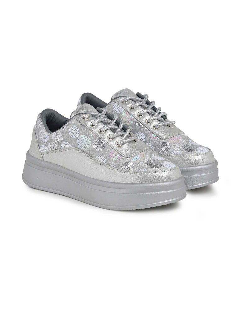 HVNLY by Shoetopia Women Silver Lace-Up Sneakers-image-13
