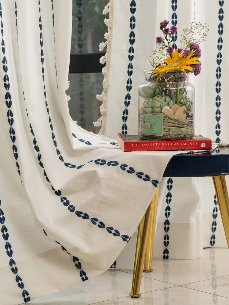 Urban Space Cotton Window Curtain with Eyelets & Tieback 1 Piece Vintage Braid Indigo-image-3