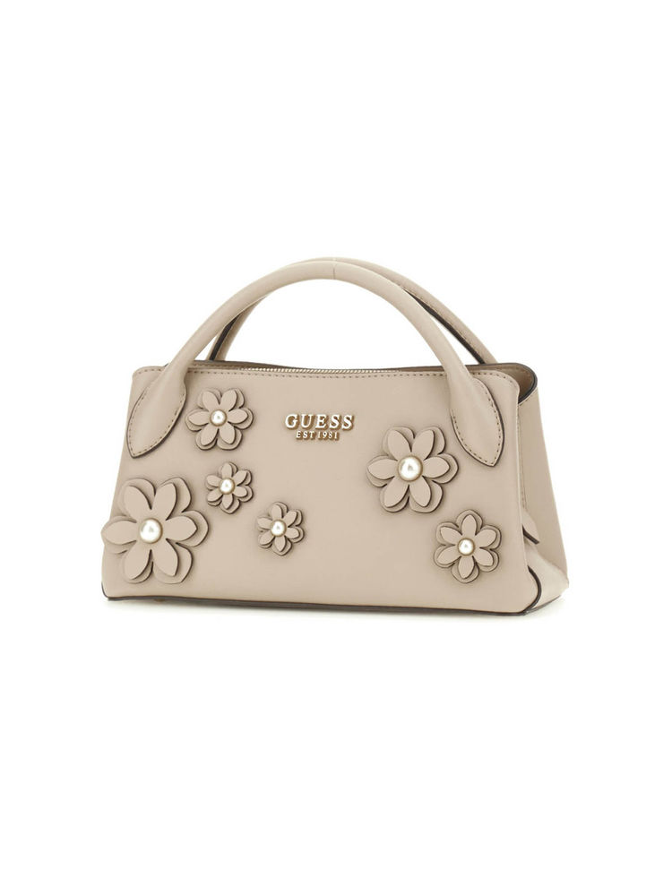 Guess Simply Beige Applique Zaria Girlfriend Satchel Bag with Detachable Strap (S)-image-0