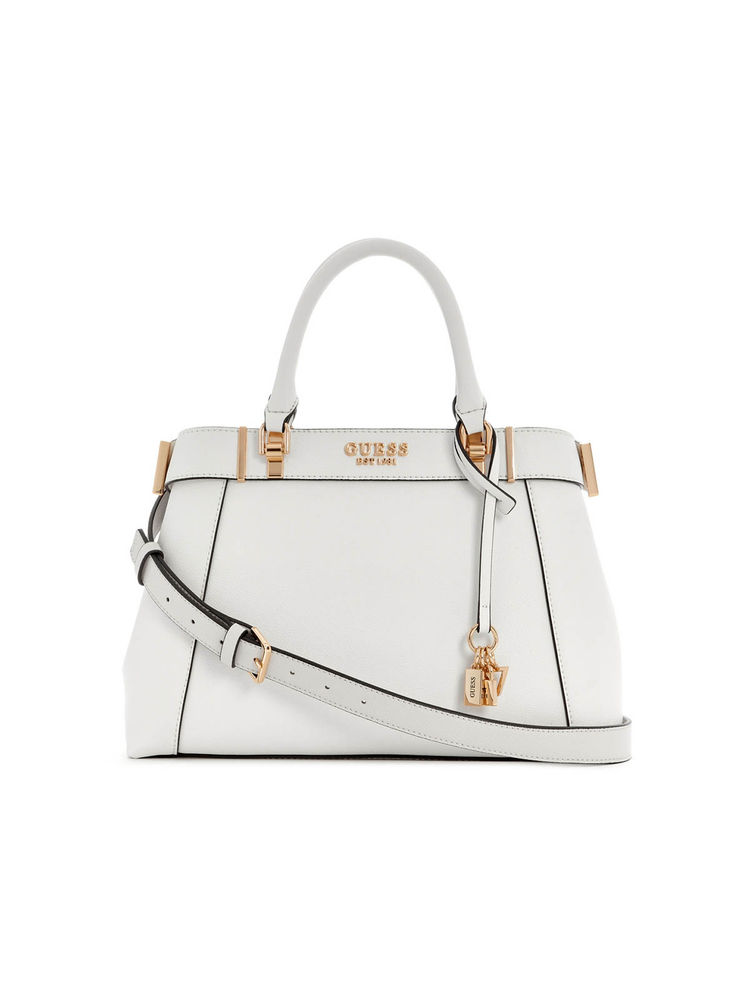 Guess White Solid Anadela 3 Comp Handbag with Detachable Strap-image-11