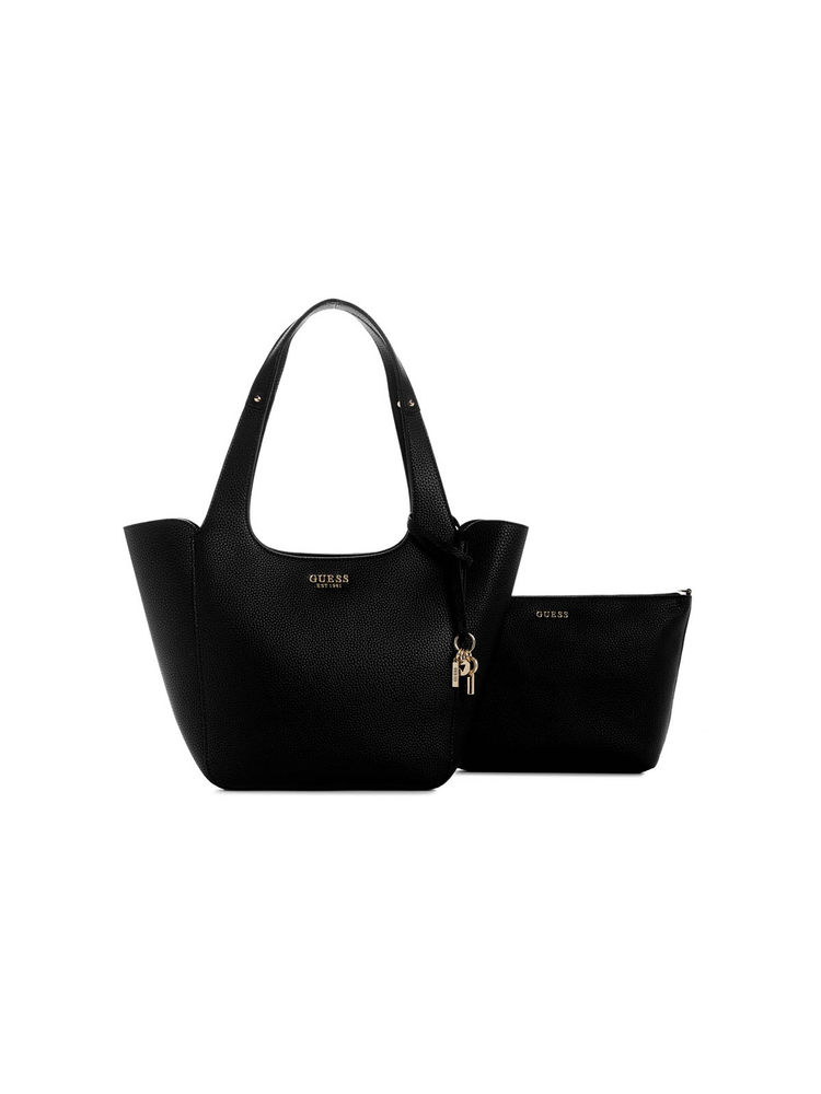 guess fashion Guess Black Textured Helina Shoulder Bag with Pouch (Set of 2)-picture-37