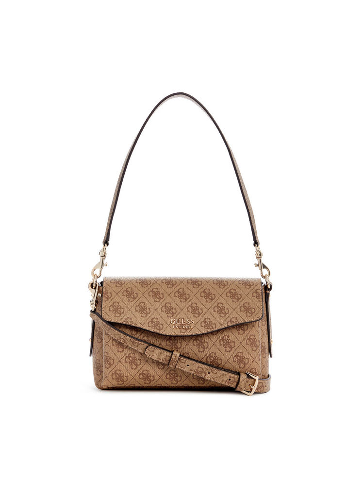 Guess Latte Logo Printed Brenton Flap Shoulder Bag-image-9