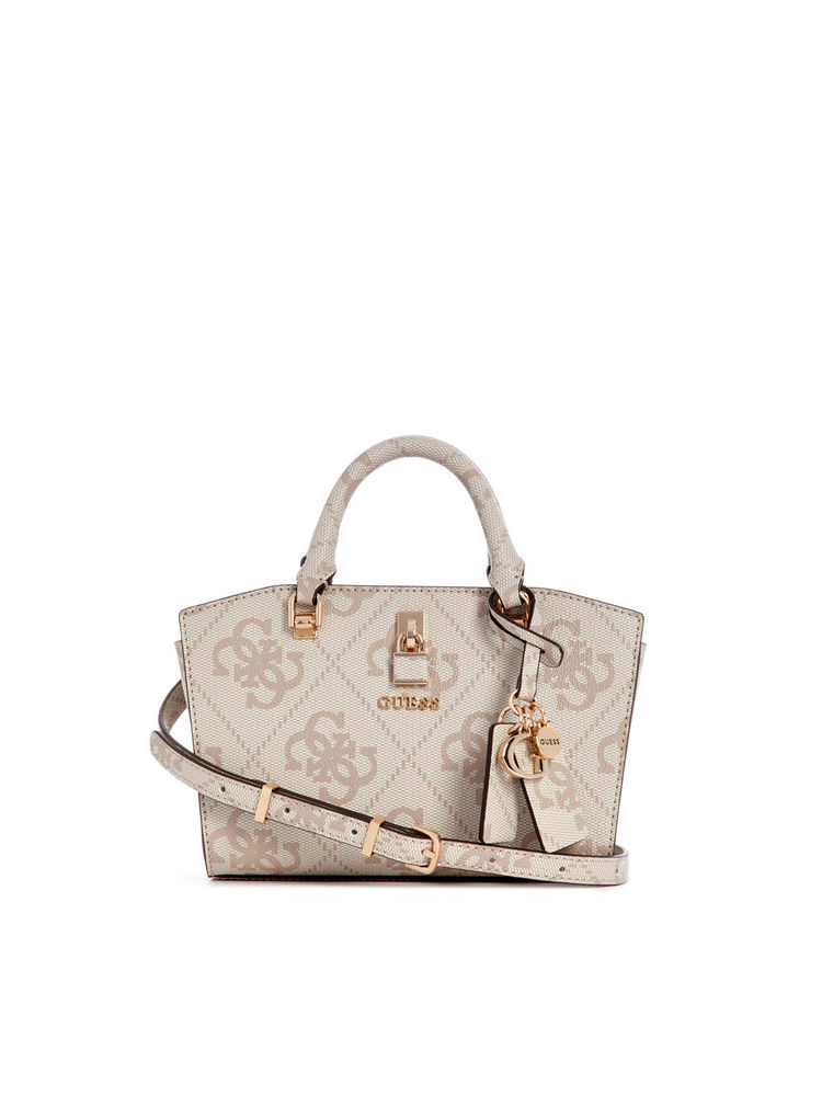 guess fashion Guess Beige Dove Logo Printed Queensland Mini Satchel Bag with Detachable Strap-picture-27