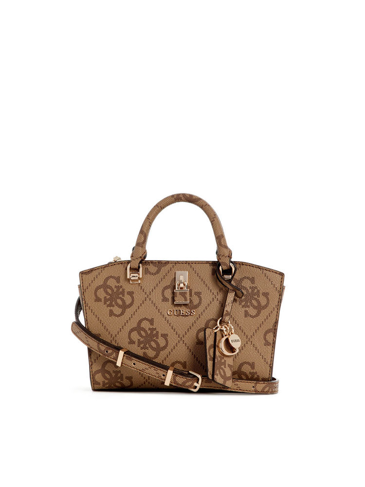 Guess Latte Logo Printed Queensland Mini Satchel Bag with Detachable Strap-image-3