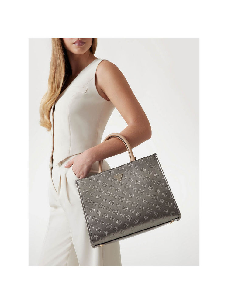 Guess Pewter Logo Textured Arnela Girlfriend Handbag with Detachable Strap-image-13
