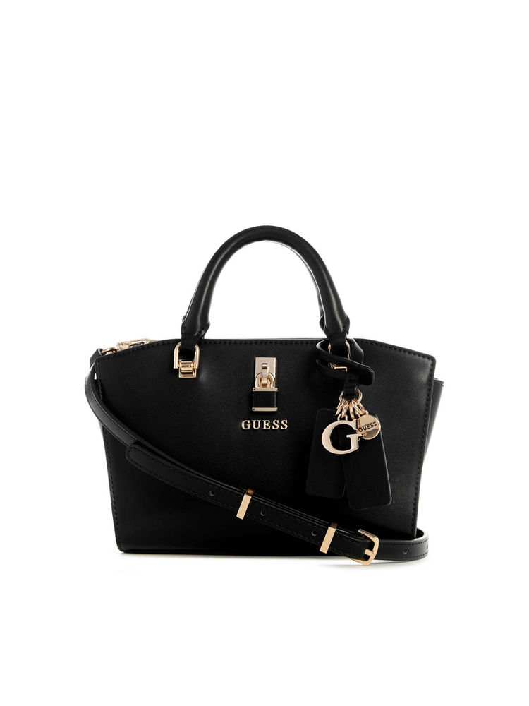guess fashion Guess Black Solid Queensland Mini Satchel Bag with Detachable Strap-picture-40