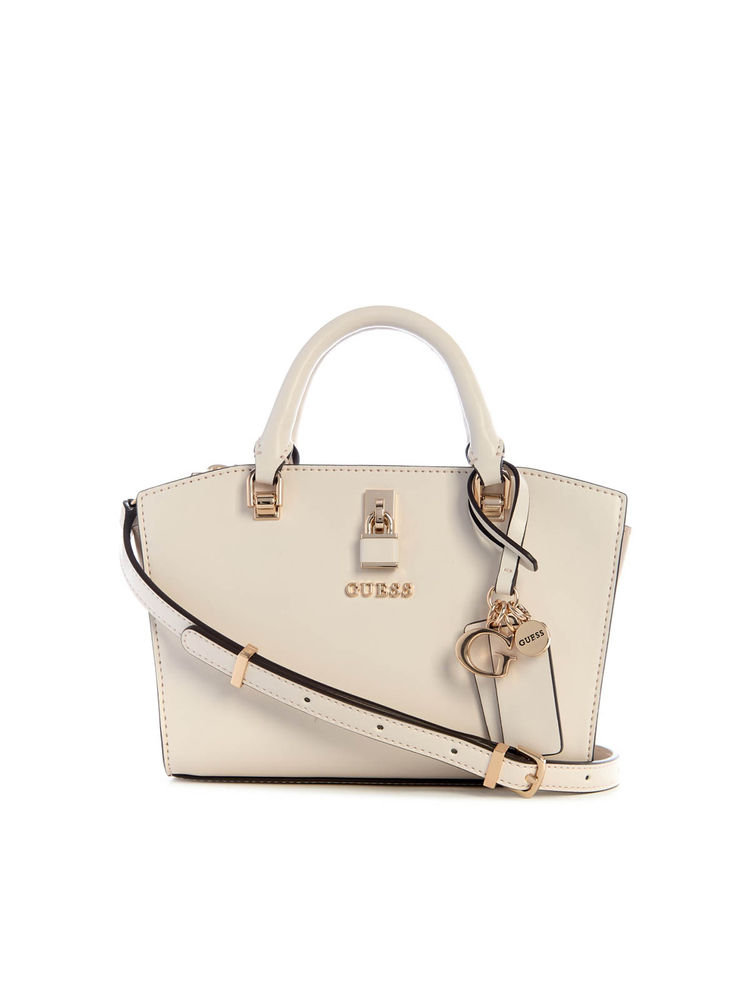 guess fashion Guess Off White Solid Queensland Mini Satchel Bag with Detachable Strap-picture-23