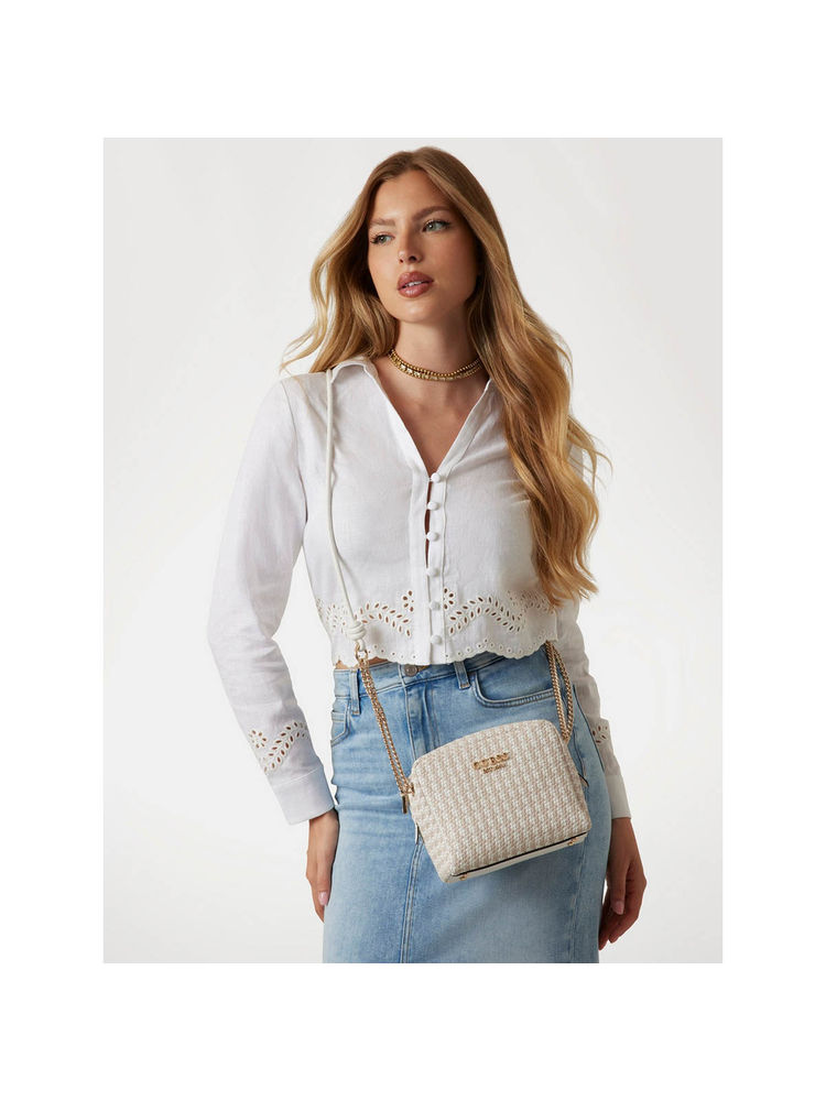 Guess White & Beige Textured Mirena Camera Crossbody Bag-image-15