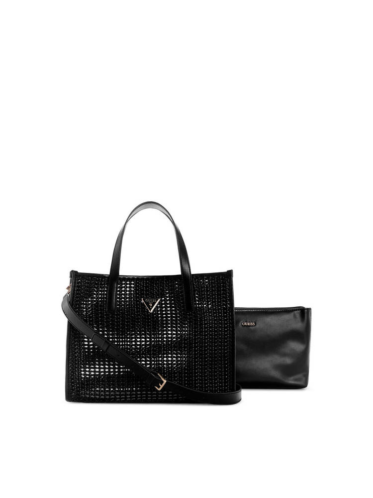 guess fashion Guess Black Textured Brigitta 2 In 1 Tote Bag and Pouch with Detachable Strap (Set of 2)-picture-35