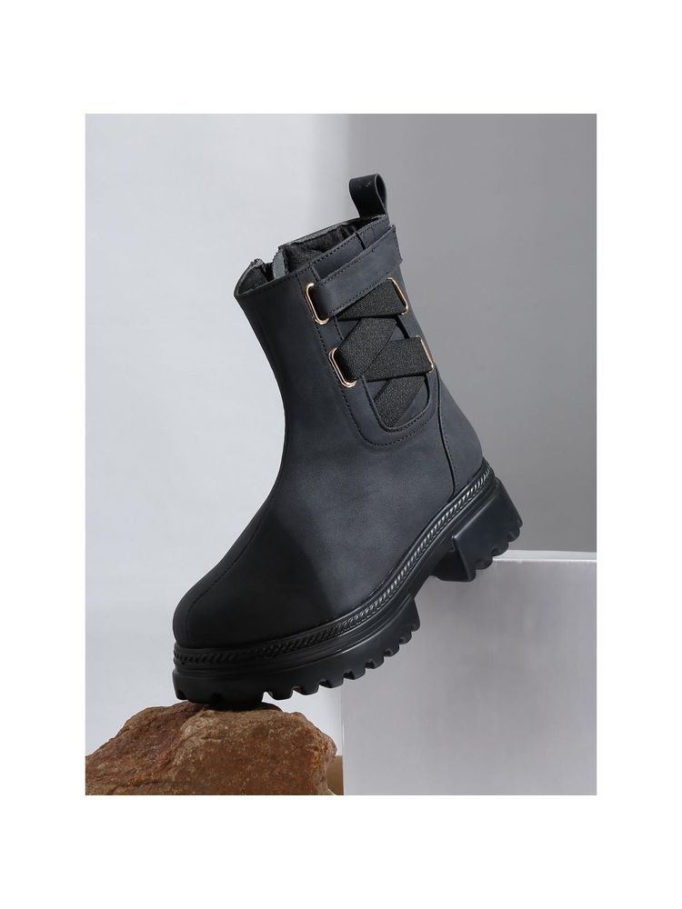 VALIOSAA Black Casual Round Toe Block Heeled Boots-picture-15