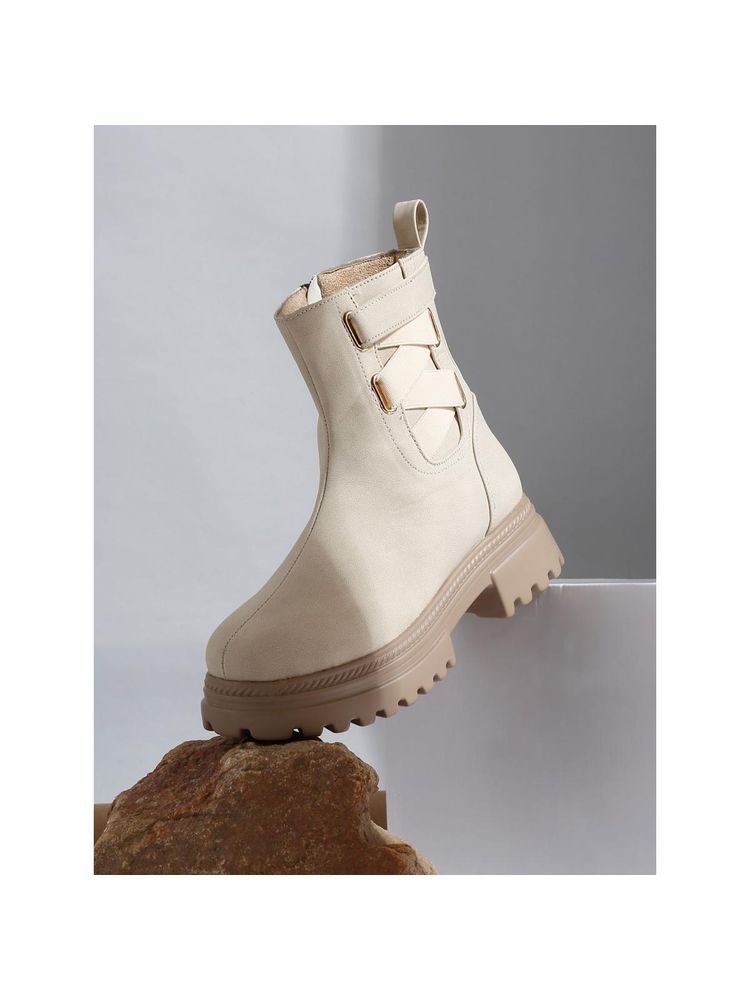 VALIOSAA Cream Casual Round Toe Block Heeled Boots-picture-35