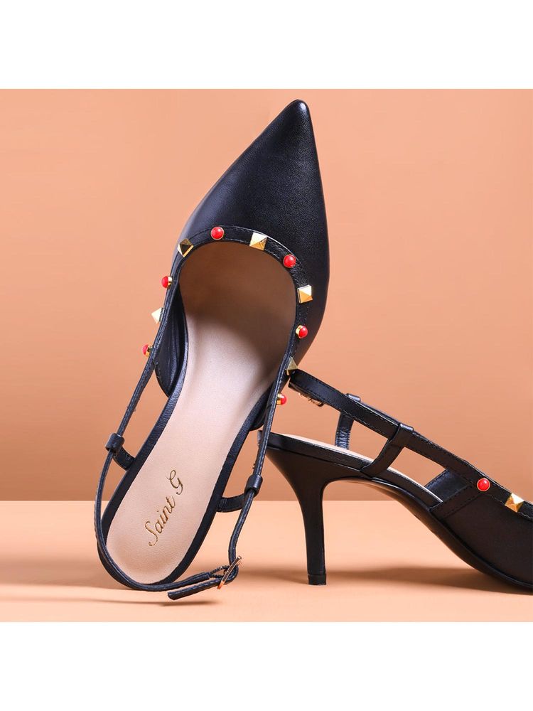 Saint G Women Studded Black Leather Stiletto Heels-picture-22