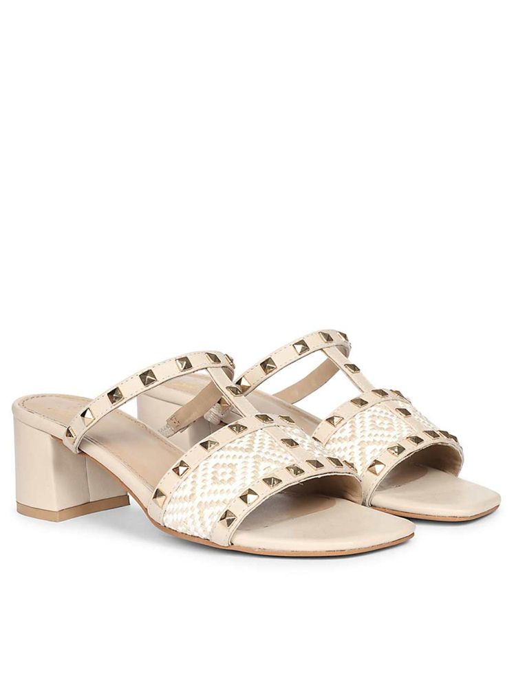 Saint G Women Pyramid Stud Raffia Beige Leather Block Heels-image-17