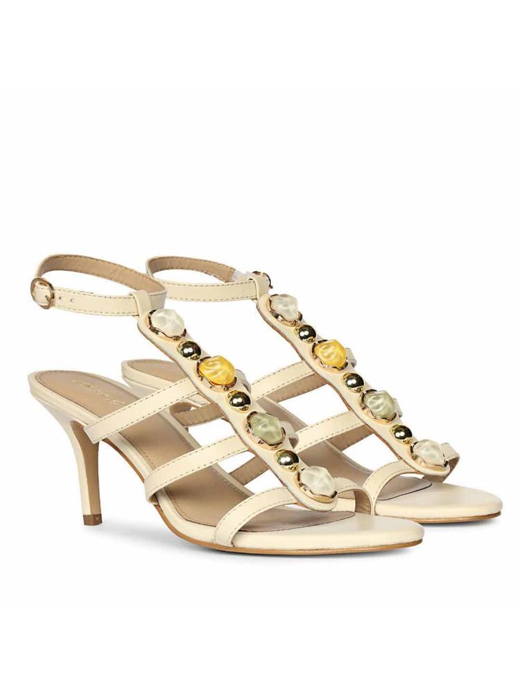 Saint G Women Gem T-Strap Off White Leather Stiletto Heels-image-12