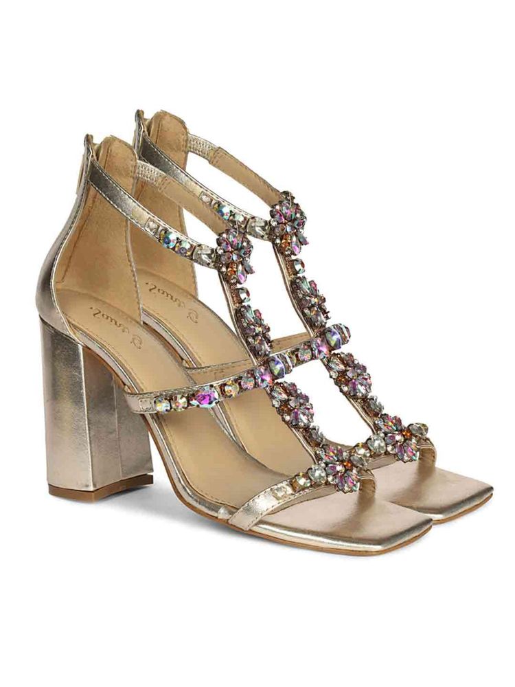 Saint G Women Rainbow Stone Metallic Gold Leather Block Heels-image-3