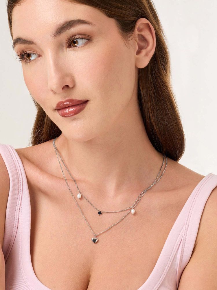 White Lies Celestial Heart Layered Adjustable Necklace Silver-picture-33