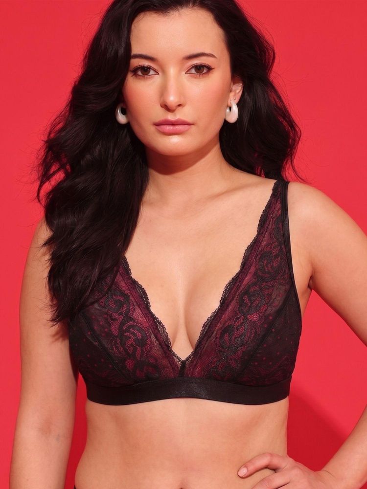 Chelvet Red Lace Floral Bralette Non-Padded Non-Wired Bra-picture-27