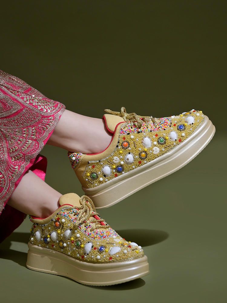 HVNLY by Shoetopia Women Gold Festive Sneakers-picture-10