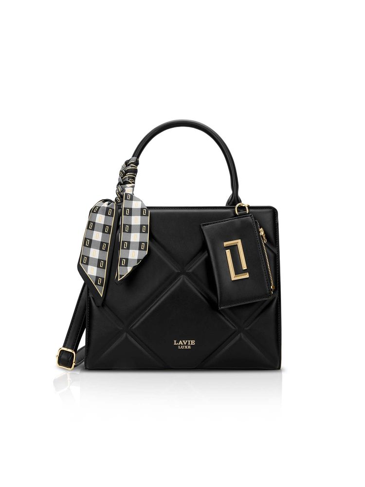 Lavie Luxe Black Synthetic Leather Textured Handbag with Detachable Strap-image-44