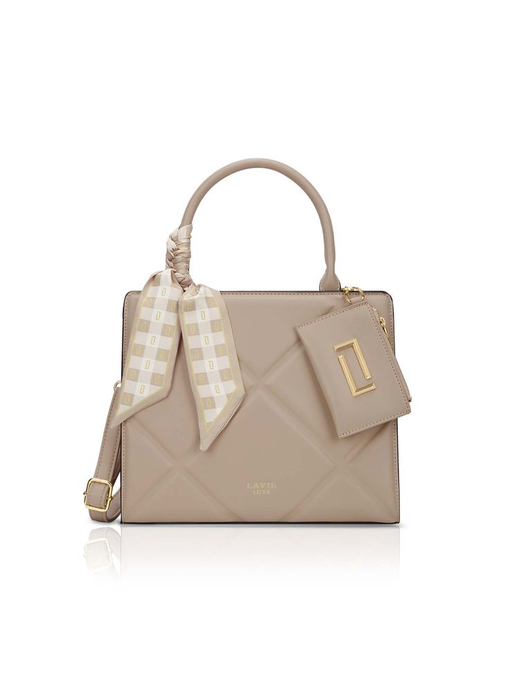 Lavie Luxe Beige Synthetic Leather Textured Satchel with Detachable Strap