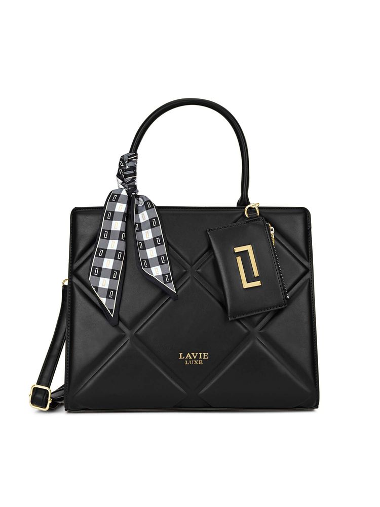 Lavie Luxe Black Synthetic Leather Textured Satchel with Detachable Strap