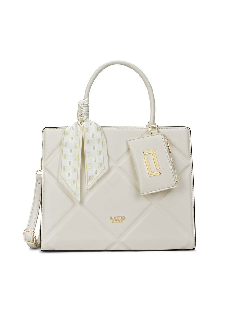 Lavie Luxe Off White Synthetic Leather Textured Satchel with Detachable Strap-image-18