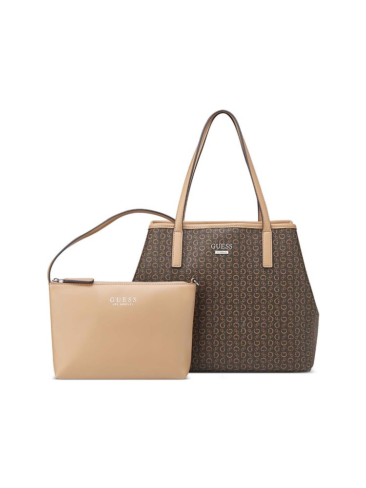 Guess Brown Pvc Printed Handbag with Pouch-image-12