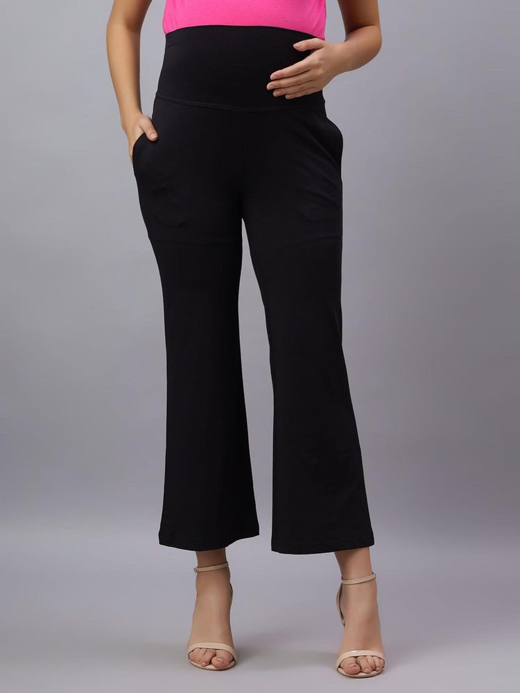 Mamma's Maternity Black Solid Cotton Spandex Ankle Length Maternity/Pregnancy Wide Pant-picture-21