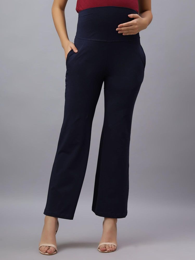 Mamma's Maternity Navy Blue Solid Cotton Spandex Ankle Length Maternity/Pregnancy Wide Pant-image-46