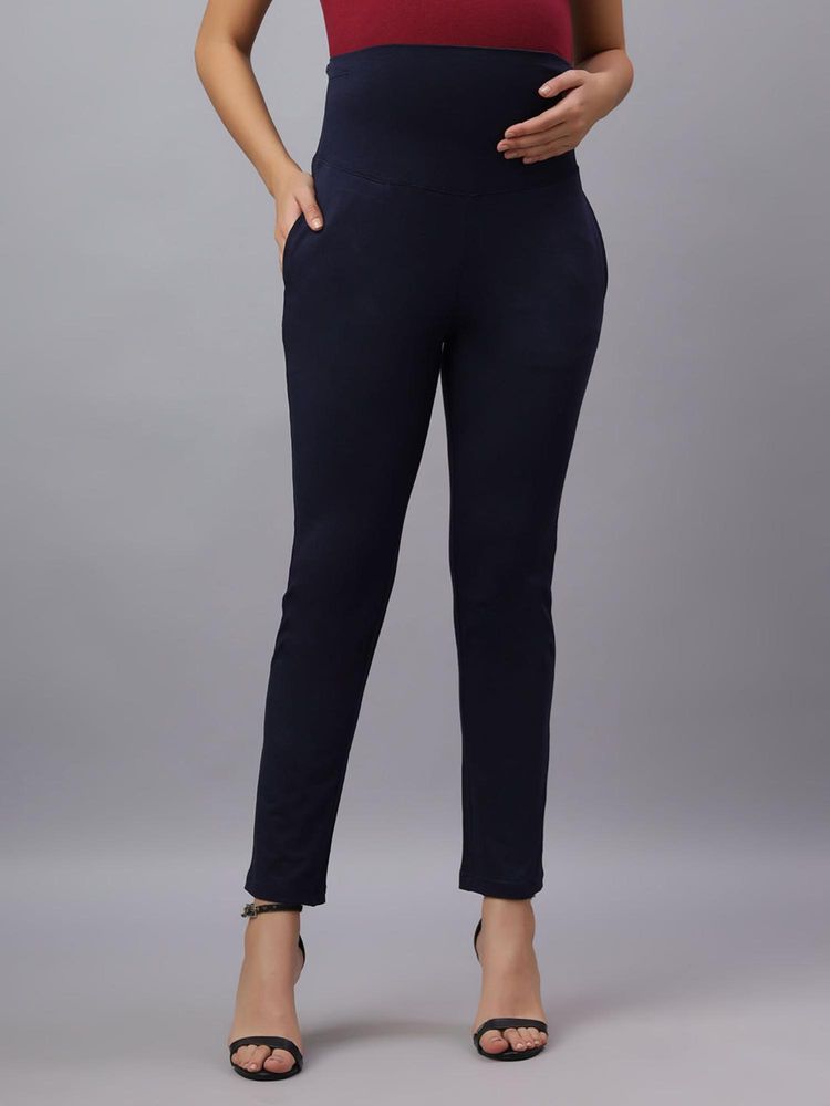 Mamma's Maternity Navy Blue Solid Cotton Spandex Ankle Length Maternity/Pregnancy Pant-picture-41
