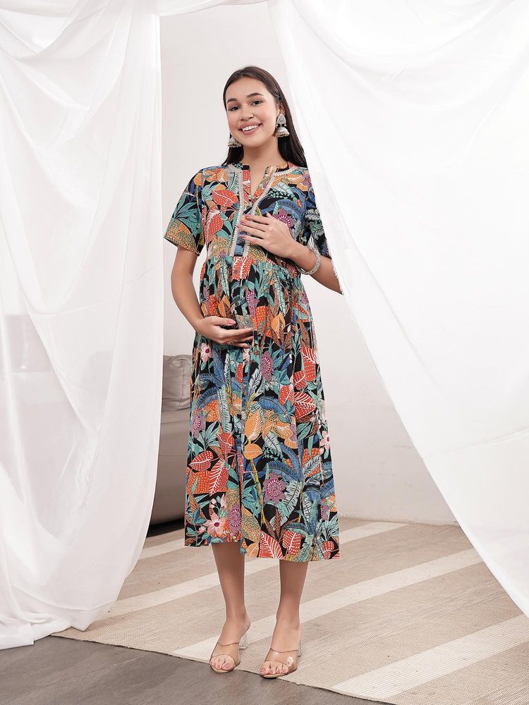 Zelena Multi-Color Cotton Zipless Maternity and Nursing Dress with Metallic Lace-image-49