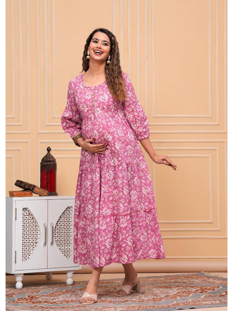 UrbanRang Pink Meadow Printed Maternity Maxi-picture-18