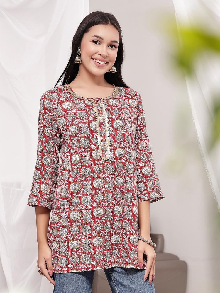 Zelena Red Cotton Zipless Maternity Feeding Top - Embroidered Neck-image-44