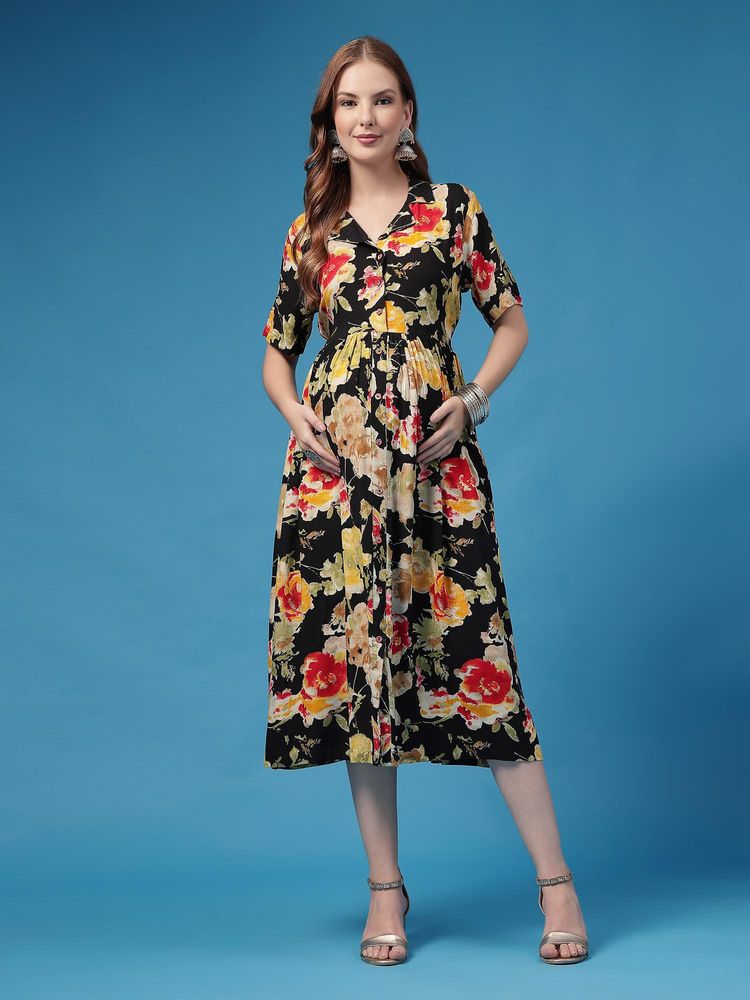 Zelena Black Rayon Maternity Zipless Feeding Dress-picture-12