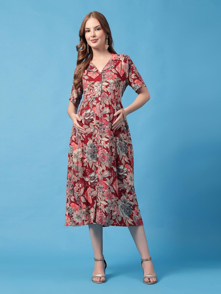 Zelena Multi-Color Rayon Maternity Zipless Feeding Dress-image-46