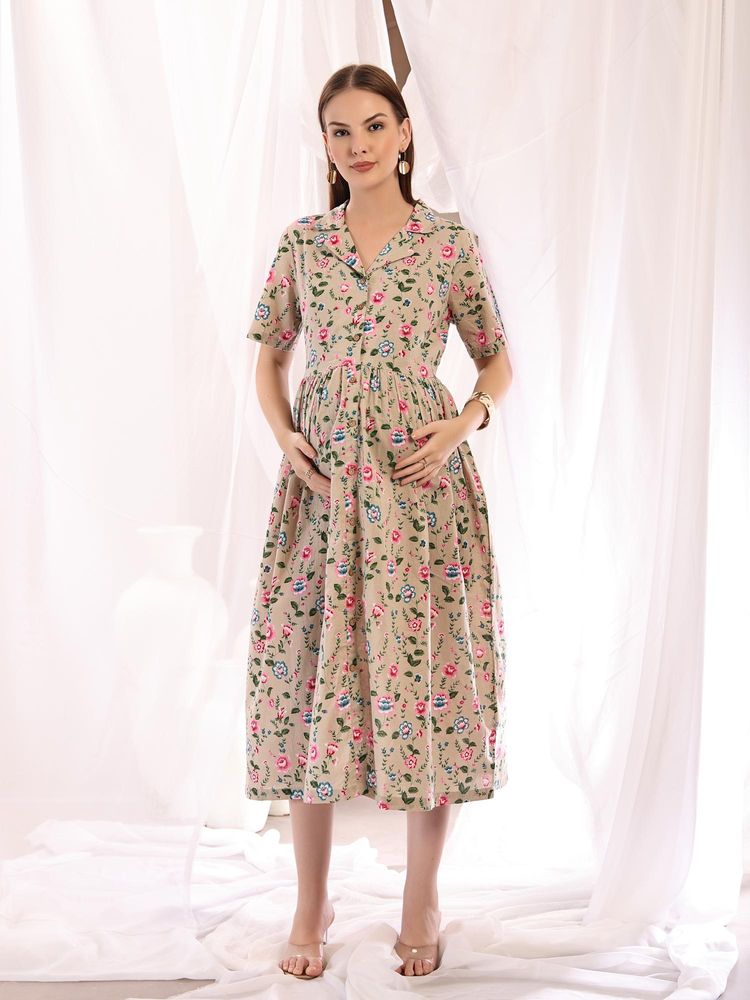 Zelena Pink Cotton Maternity Zipless Feeding Dress-picture-28