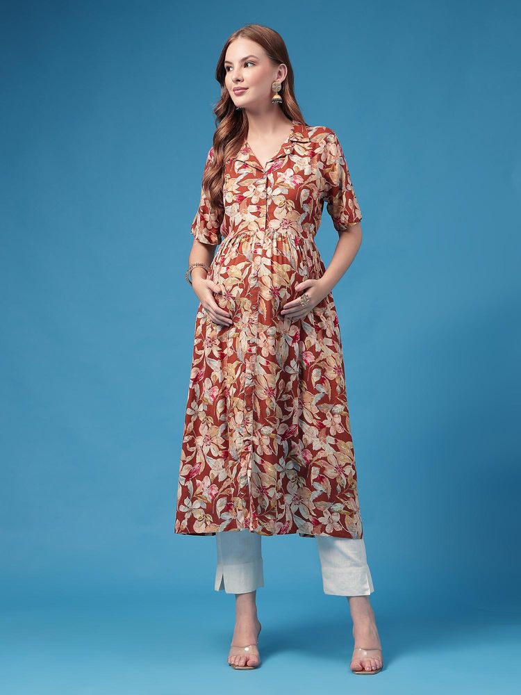 Zelena Red Rayon Maternity Zipless Feeding Dress-picture-21