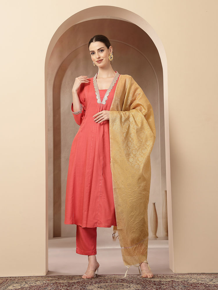 Zelena Rayon Maternity Anarkali Pant and Dupatta - Coral Pink-image-27