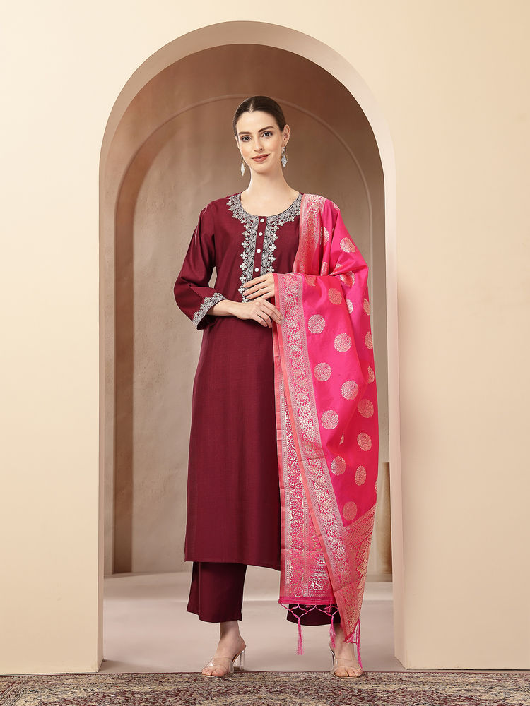 Zelena Polyester Maternity Kurta Pant and Dupatta - Deep Plum