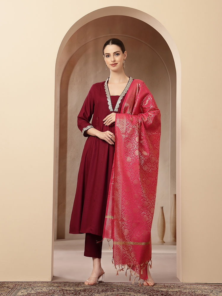 Zelena Rayon Maternity Anarkali Pant and Dupatta - Maroon-picture-24