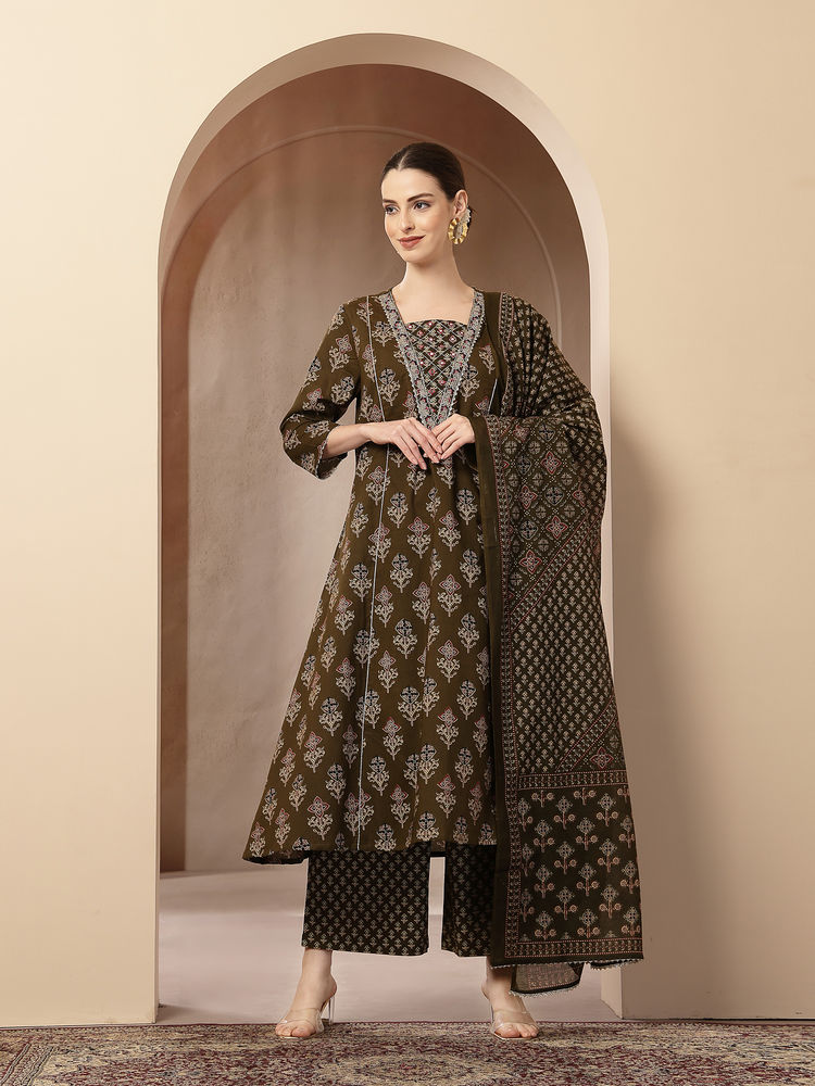 Zelena Cotton Maternity Kurta Pant and Dupatta -Olive Green-picture-15