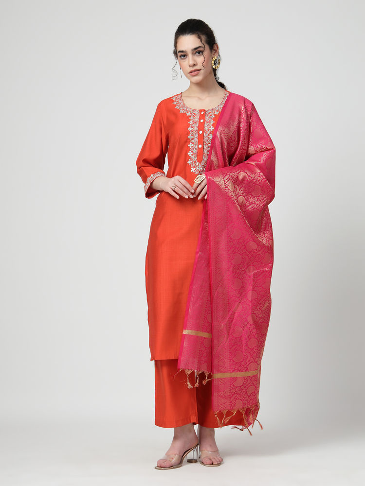 Zelena Polyester Maternity Kurta Pant and Dupatta - Orange-picture-17