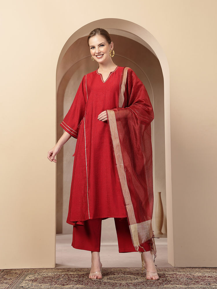 Zelena Cotton Maternity Kurta Pant and Dupatta - Red-picture-18