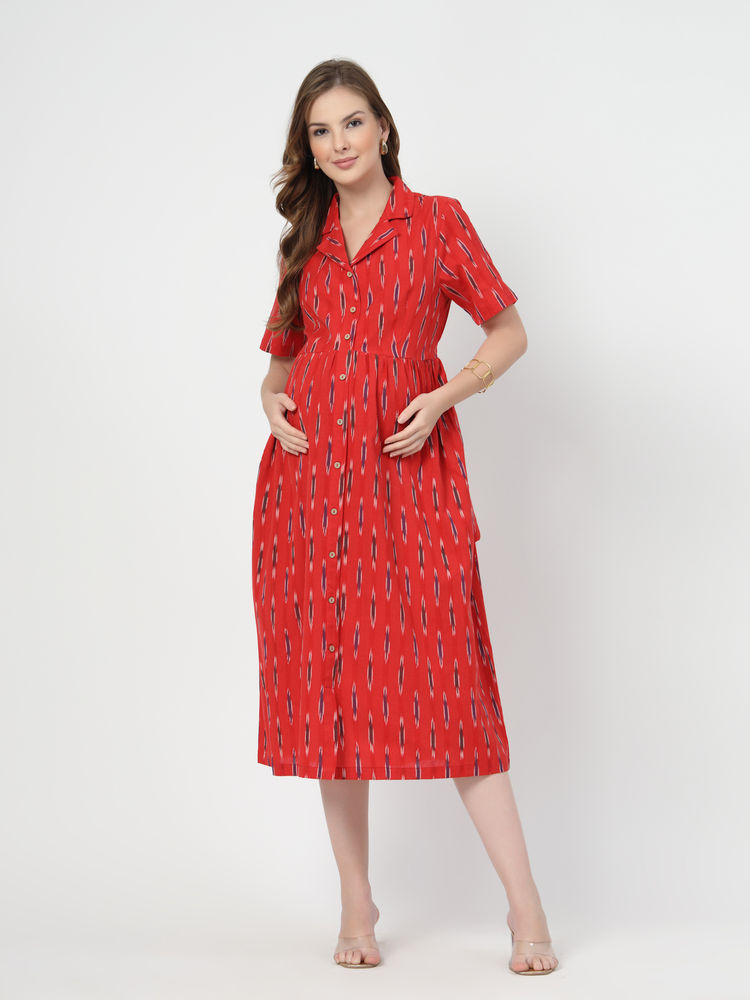 Zelena Cotton Maternity Shirt Dress - Brick Red-picture-25