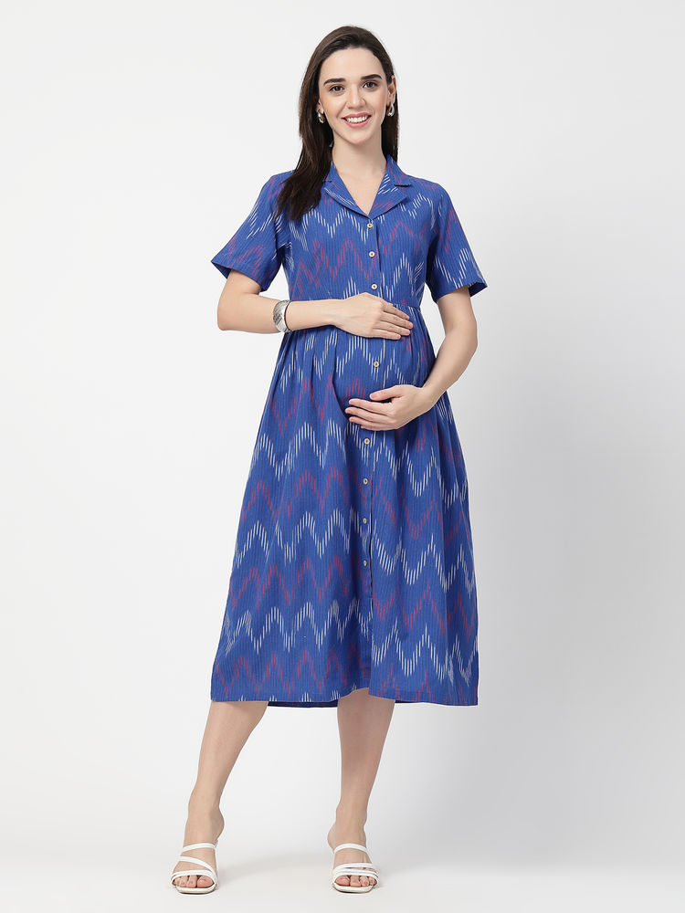 Zelena Cotton Maternity Shirt Dress - Blue-picture-10