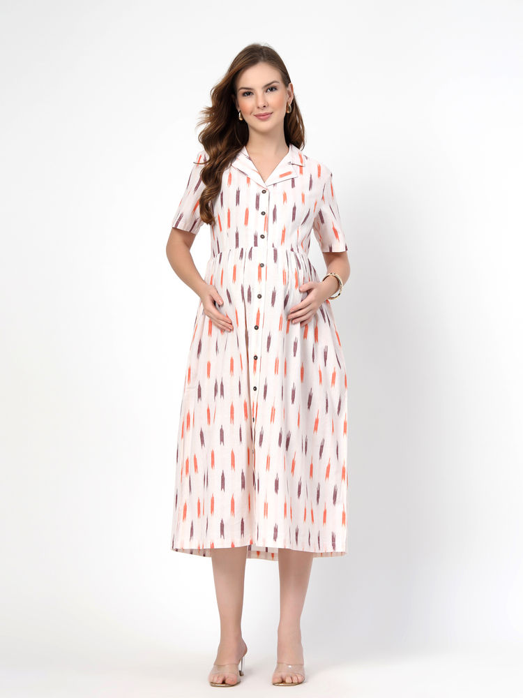 Zelena Cotton Maternity Shirt Dress - Off White-picture-13